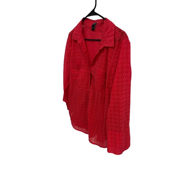 Ann Taylor Red Patterned Sz 12 Sheer Button-Down Blouse 3/4 Sleeve Lightweight - Picture 3 of 9